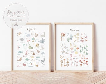 Watercolor alphabet and numbers poster, Paster colors ABC and numbers printable, Primary School educational wall art, First grade child