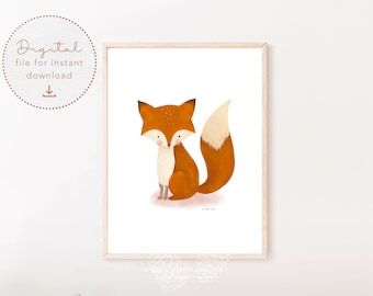 Fox Printable Wall Art, High resolution digital watercolor 300 dpi, Clipart for craft projects, diy, cards or invitations. Scalable File.