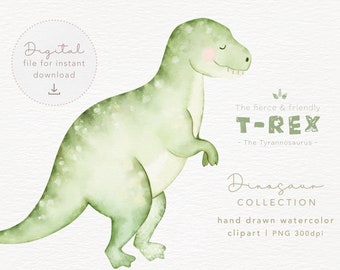 Dinosaur Clipart Watercolor PNG, Cute Dino Instant Download, tyrannosaur clipart, cute dinosaur T-REX high resolution PNG 300dpi