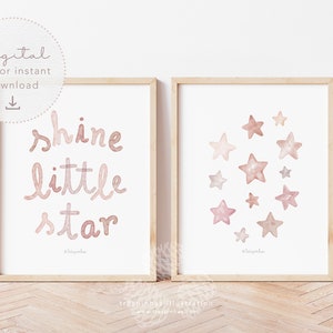 Cute Nursery Print Set of 2, Shine Little Star Printable, Star Themed Nursery, Space Nursery Decor, boho nursery Wall Art, baby pink blush
