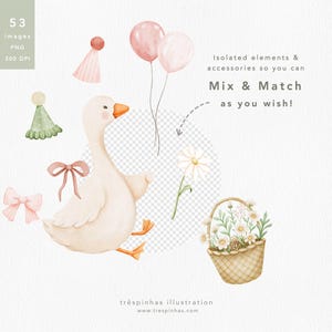 May include: Watercolor illustration featuring a white goose with an orange beak and feet, surrounded by party hats, bows, balloons, a daisy, and a basket of flowers. Text reads "Isolated elements & accessories so you can Mix & Match as you wish!"