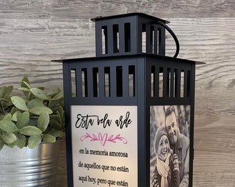 SPANISH This Candle burns,  Photo Lantern, Memorial Lantern,Memorial Candle,Sympathy lantern, Remembrance, Bereavement Gift, Loss of a Loved