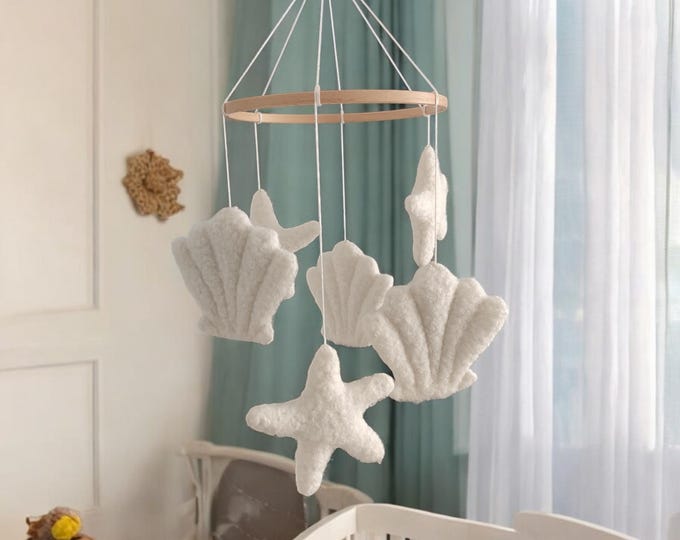 Seashell Starfish Baby Mobile: Ecru Bouclé Ocean Nursery Decor