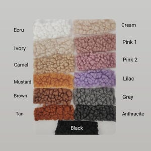 May include: A color chart displaying swatches of various textured fabrics. Colors include Ecru, Ivory, Camel, Mustard, Brown, Tan, Cream, Pink 1, Pink 2, Lilac, Grey, Anthracite, and Black. Each color is labeled with its name.