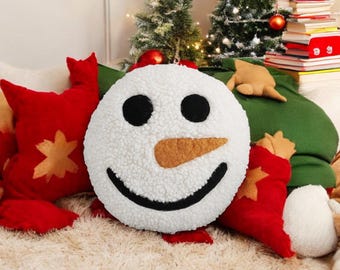 Handmade Teddy Fabric Snowman Pillow: Christmas Holiday Decor
