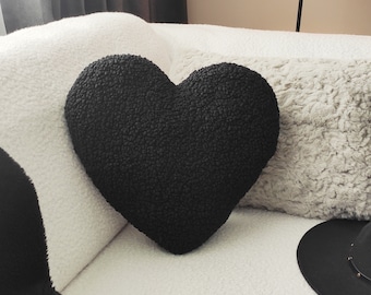 Black Heart shaped pillow, Sherpa Heart pillow, plush, Valentine Day gift, Halloween pillow, Black Decorative Pillow, Christmas Gift Idea