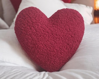 Burgundy Teddy Heart Pillow, Plush Heart pillow, Valentine&#39;s Day, Christmas, Mother&#39;s Day Gif, Home and Nursery Decor, Decorative Pillow