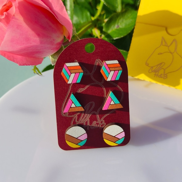 Set di 3 paia di orecchini in legno, design minimalista, colorati, eleganti geometrici, regalo per lei, orecchini geometrici