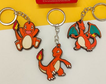 Set of 3 Wooden Pokémon Keychains Charmander, Charmeleon, Charizard, Custom Anime Gift, Geek, Colorful Accessories For Keys, Unique Keyrings