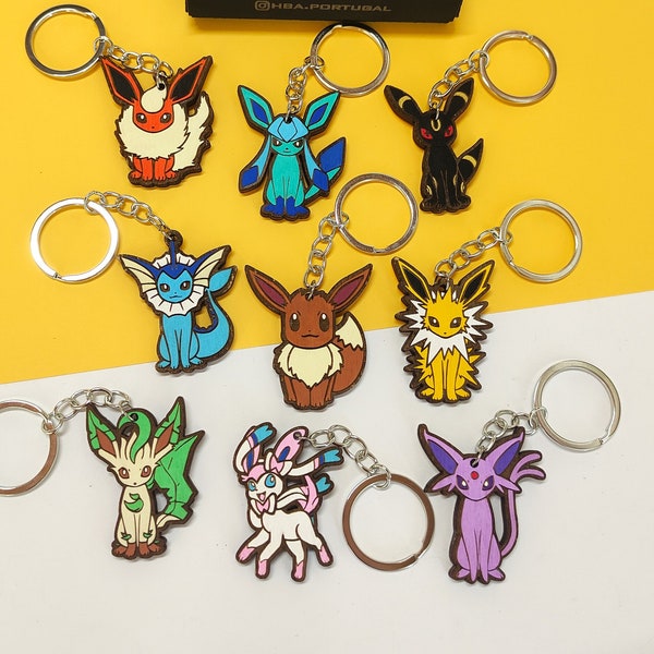 Set of 9 Wooden Pokémon Keychains, Eevee, Vaporeon, Jolteon, Flareon, Espeon, Umbreon, Leafon, Glaceon, Sylveon, Unique Anime Geek Gift