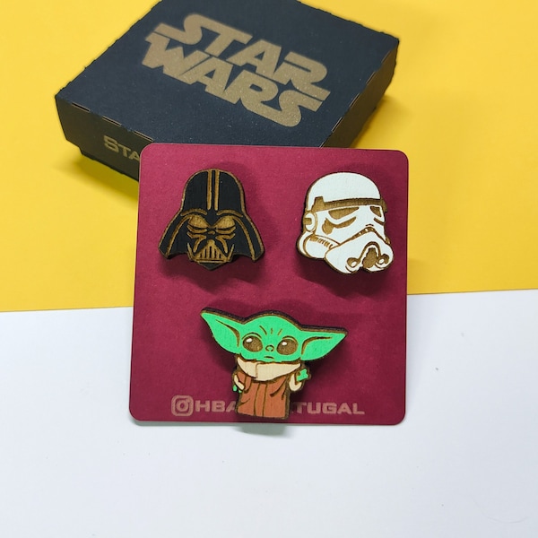 Ensemble de broches en bois Star Wars, bébé Yoda, Dark Vador, Stormtrooper, cadeau geek, nerd, fan de galaxie, fête des pères, petit ami