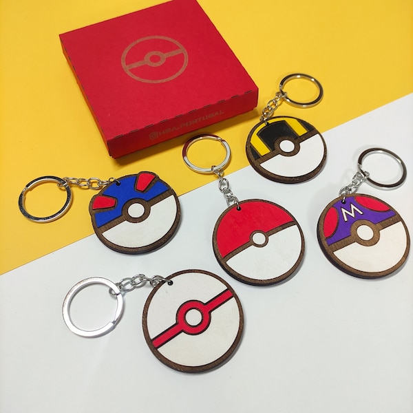 Set of 5 Wooden Pokémon Keychains, Poké Ball, Great Ball, Ultra Ball, Premiere Ball, Master Ball, Anime, Geek Colorful Gifts Unique Keyrings