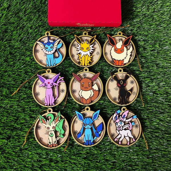 Set aus 9 hölzernen Pokémon-Weihnachtsornamenten, Evoli, buntes Geek-Geschenk, Weihnachtsbaumschmuck, Heimdekoration, umweltfreundliche Weihnachtsdekoration