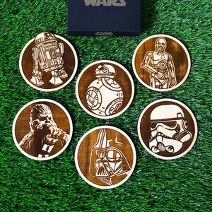 Set of 6 Star Wars Wooden Coasters, R2-D2, BB-8, C-3PO, Chewbacca, Darth Vader, Stormtrooper, Geek Gift, Home Decoration, Nerd Housewarming