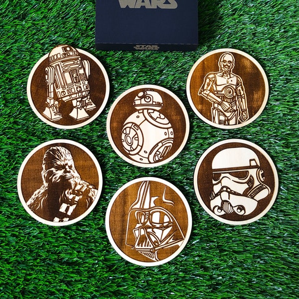 Set of 6 Star Wars Wooden Coasters, R2-D2, BB-8, C-3PO, Chewbacca, Darth Vader, Stormtrooper, Geek Gift, Home Decoration, Nerd Housewarming