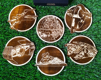 Set de 6 Posavasos de Madera de Star Wars, Naves Espaciales, Millennium Falcon, Death Star, X-Wing, TIE Fighter, Destructor Estelar, Slave 1