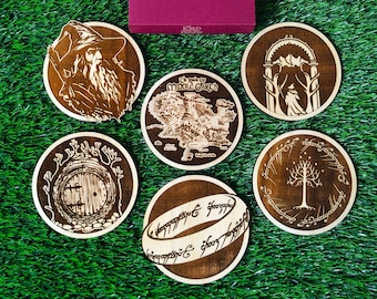 Set of 6 Lord of the Rings Wooden Coasters, Geek Gift, Home Decor, Gandalf, LOTR, Hobbit, Durin Doors, Gondor Tree, Unique Designs, Birthday