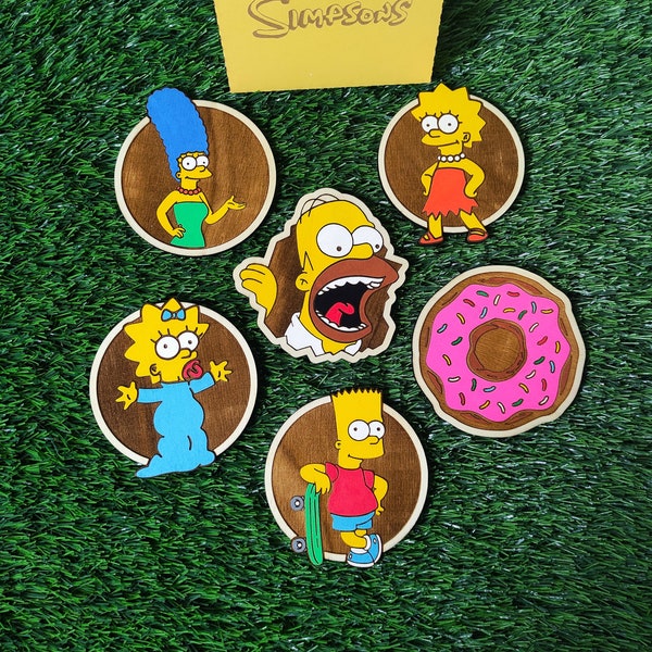 Set de 6 dessous de verre en bois colorés Les Simpson, Homer, Marge, Bart, Lisa, Maggie, Donut, Cadeau unique, Décoration Maison Geek