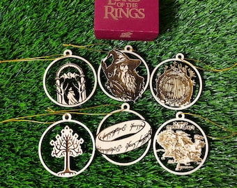 Set van 6 houten Lord of The Rings kerstversieringen, Geek Gift, kerstboomversieringen, woondecoratie, milieuvriendelijke kerstversiering, LOTR