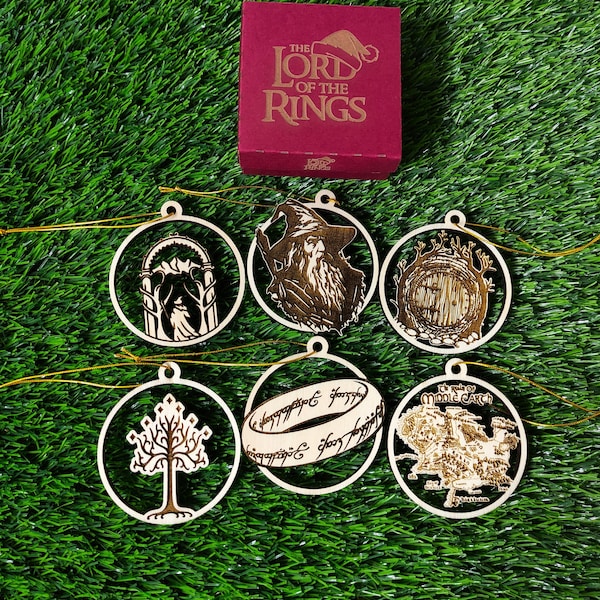 Set of 6 Wooden Lord of The Rings Christmas Ornaments, Geek Gift, Xmas Tree Ornaments, Home Decor, Eco-Friendly Christmas Decoration, LOTR