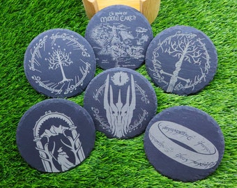 Premium Lord of the Rings Slate Coaster Set, Fantasy Home Decor, Unique Tabletop Accessory, HQ Geek Laser-Engraved, Tolkien Nerd Fan, Sauron