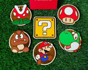 Set di 6 sottobicchieri colorati in legno di Super Mario, Yoshi, Pianta Piranha, Goomba, Fungo, Scatola Misteriosa, Regalo, decorazione geek