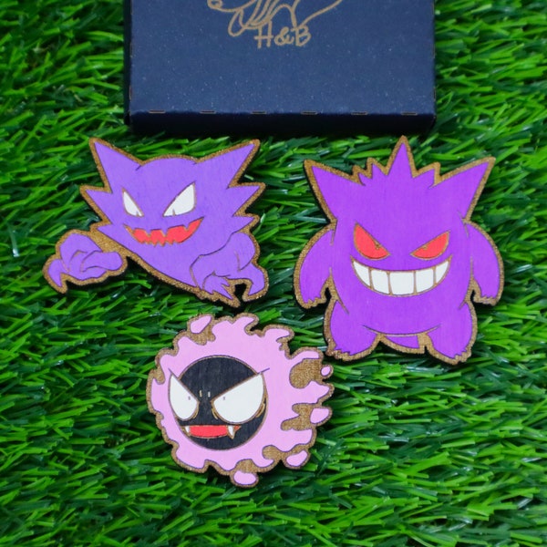 Aimant de réfrigérateur Pokémon en bois, Ghastly, Haunter, Gengar, cadeau personnalisé, anime, geek, nerd, décor à la maison