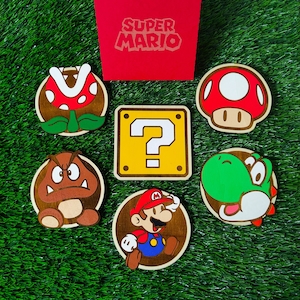 Set of 6 Colorful Wooden Super Mario Coasters, Yoshi, Piranha Plant, Goomba, Mushroom, Mystery Box, Unique Geek Decoration Gift, Nerd Room