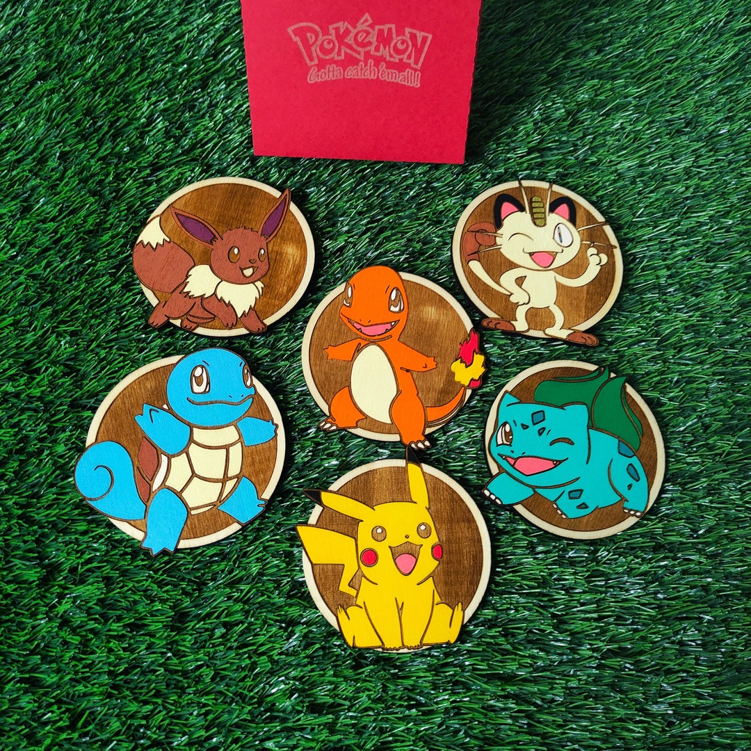 Set of 6 Colorful Wooden Pokémon Coasters Pikachu, Eevee, Meowth, Bulbasaur, Charmander