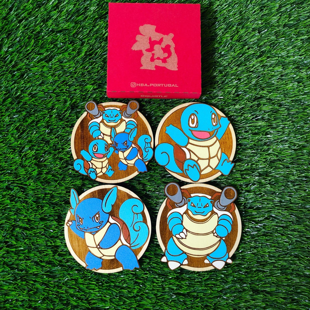Set of 4 Colorful Wooden Pokémon Coasters, Squirtle, Wartortle, Blastoise, Unique Gift, Geek