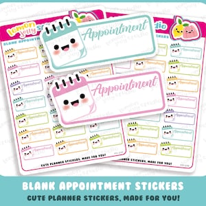 May include: Sheets of blank appointment stickers with a cute calendar design. The stickers feature a smiling calendar icon and the word "Appointment". The stickers are in various pastel colors, including pink, blue, and green. The text "Cute Planner Stickers, Made For You!" is also included.