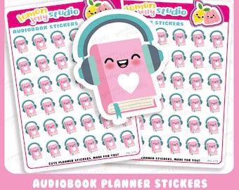 Könnte beinhalten: Eine Blatt mit rosa und blauen Planer-Aufklebern mit einem Comic-Buch mit Kopfhörern und einem Herzen. Die Aufkleber sind mit "Audiobook Planner Stickers" und "Süße Planer-Aufkleber, gemacht für dich!" beschriftet.