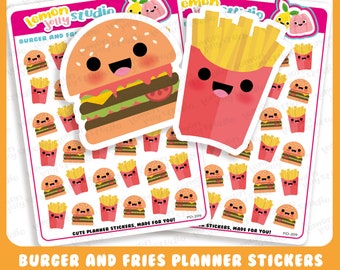 May include: A set of cute planner stickers featuring a burger and fries. The stickers are in a cartoon style with smiling faces. The text on the stickers reads "Cute Planner Stickers, Made for You!"