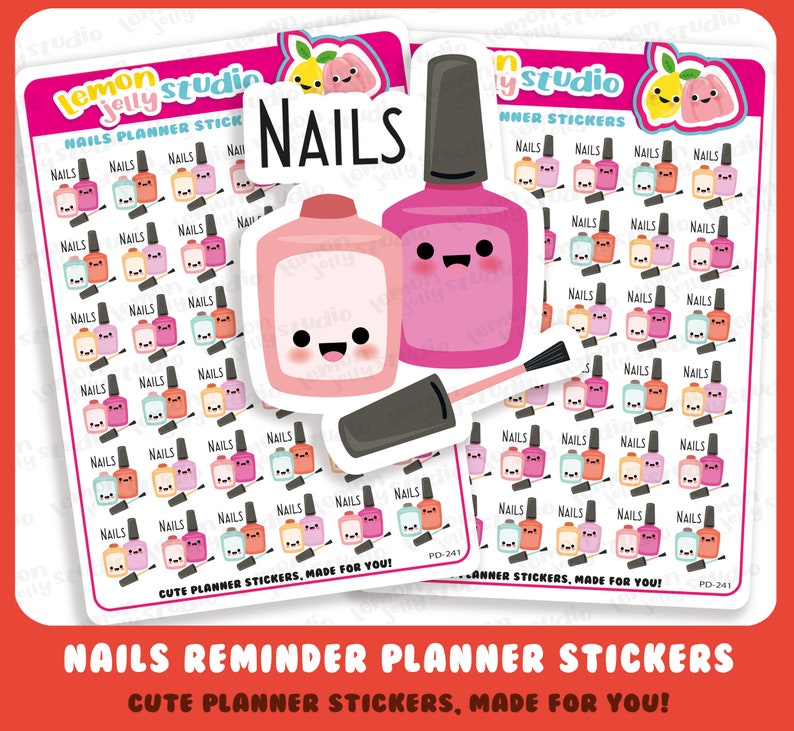May include: A set of cute planner stickers featuring nail polish bottles with smiling faces. The stickers are pink, orange, and blue and have the text "NAILS" on them. The stickers are part of a set called "NAILS REMINDER PLANNER STICKERS" and are described as "CUTE PLANNER STICKERS, MADE FOR YOU!"
