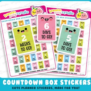 May include: Two sheets of colourful countdown box stickers with the text "Countdown Box Stickers" and "Cute Planner Stickers, Made For You!". The stickers feature days and weeks countdowns with cute faces. The stickers are in pink, green, and yellow.