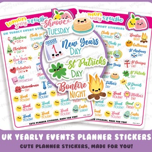 30 Cute UK Yearly Events/Dates/Holidays/Calendar/Bank Holidays Planner Stickers