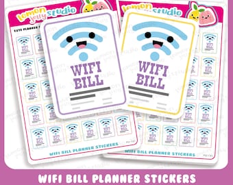May include: A set of 36 planner stickers featuring a cartoon wifi symbol with a smiling face and the text "WIFI BILL". The stickers are on a white background with a purple and yellow border. The stickers are designed for use in a planner or journal.