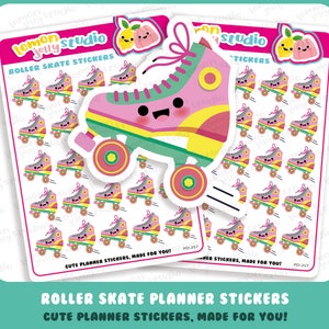 Op de afbeelding: Twee vellen rolschaats planner stickers. De stickers hebben een schattig roze, gele en groene rolschaatsontwerp. De tekst "Lemon Jelly Studio" en "Roller Skate Stickers" is zichtbaar. De stickers zijn gelabeld met "Cute Planner Stickers, Made for You!"