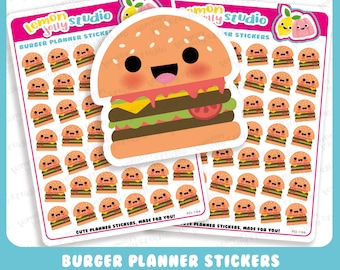 May include: A sheet of cute planner stickers featuring cartoon burger illustrations. The stickers are white with a black outline and feature a variety of expressions. The text "BURGER PLANNER STICKERS" and "CUTE PLANNER STICKERS, MADE FOR YOU!" is printed on the sheet.