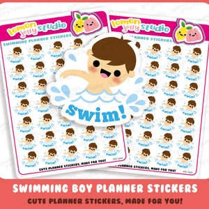 May include: A sheet of planner stickers featuring a cartoon boy swimming with the word "swim!" in a blue banner. The sheet includes 48 stickers of the boy swimming.