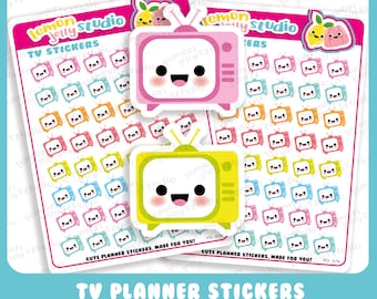 May include: A set of 50 colorful TV planner stickers featuring a cartoon TV with a smiling face. The stickers are perfect for adding a touch of fun to your planner or journal.