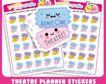 May include: A sheet of 48 cute planner stickers featuring a cartoon ticket design with the text "Admit One" and "Theatre". The stickers are in various colors, including pink, blue, yellow, and purple.