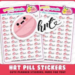 May include: Two sticker sheets featuring pink pill-shaped stickers with smiling faces and the word "hrt". The stickers are designed for planner use. The text "HRT PILL STICKERS" and "CUTE PLANNER STICKERS, MADE FOR YOU!" are also visible.