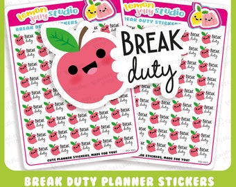 Könnte beinhalten: Eine Blatt Planer-Aufkleber mit einem roten Apfel, aus dem ein Stück herausgebissen wurde, und dem Text "Break Duty". Die Aufkleber sind für die Verwendung in einem Planer oder Tagebuch gedacht.
