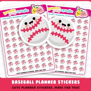 Puede incluir: Una hoja de 50 pegatinas de planificador de béisbol con un lindo diseño de béisbol de dibujos animados. Las pegatinas son blancas con costuras rojas y una cara feliz. El texto en la hoja dice "Pegatinas de planificador de béisbol, Pegatinas de planificador lindas, ¡Hecho para ti!"