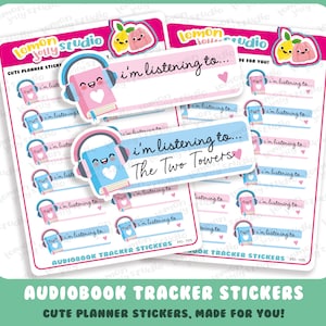 May include: A set of 10 cute planner stickers featuring a cartoon book with headphones and the text "I'm listening to..."  The stickers are in pink and blue with a heart design. The stickers are for audiobook tracking.