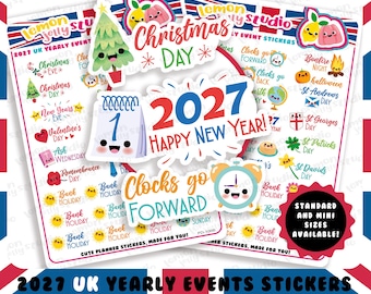 Könnte beinhalten: Ein Set von 2027 UK Jahresereignis-Planer-Aufklebern mit farbenfrohen Illustrationen von Feiertagen und saisonalen Daten. Die Aufkleber enthalten Texte wie Christmas Day, Happy New Year und Clocks go Forward sowie niedliche Charakterdesigns wie einen Kalender, einen Baum und einen Wecker.
