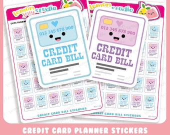 May include: A sheet of planner stickers featuring a credit card bill design. The stickers are in blue, pink, and white with a cute cartoon face on each. The text on the stickers reads "Credit Card Bill".
