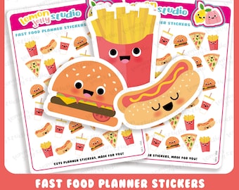 May include: A set of colorful planner stickers featuring fast food items like hamburgers, hot dogs, french fries, and pizza. The stickers are designed with cute cartoon faces and are labeled "Fast Food Planner Stickers" and "Cute Planner Stickers, Made for You!"