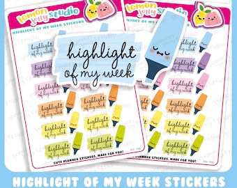 Könnte beinhalten: Ein Set mit 10 bunten Planer-Aufklebern mit dem Text "highlight of my week" in Weiß. Die Aufkleber zeigen ein niedliches Textmarker-Design mit einem lächelnden Gesicht.